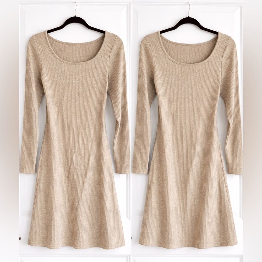 Beige Ribbed Scoop Neck Long Sleeve Dress